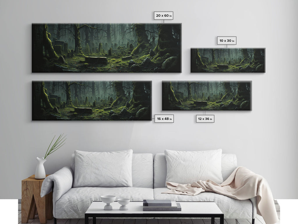 The Reclaimed Graveyard Panoramic Canvas Print – Spooky Halloween Decor by NuevArt