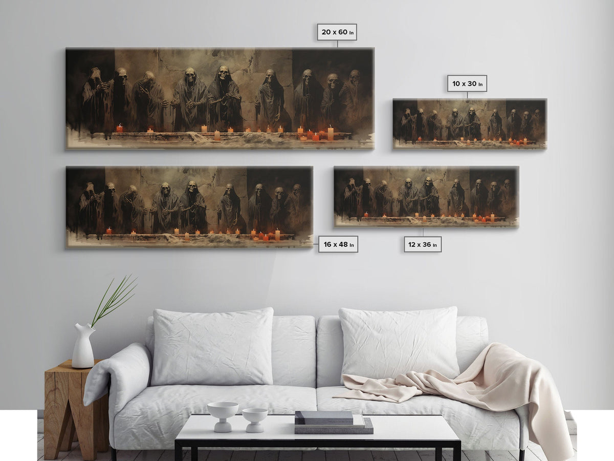 The Skeleton Cult Panoramic Canvas Print – Spooky Halloween Decor by NuevArt