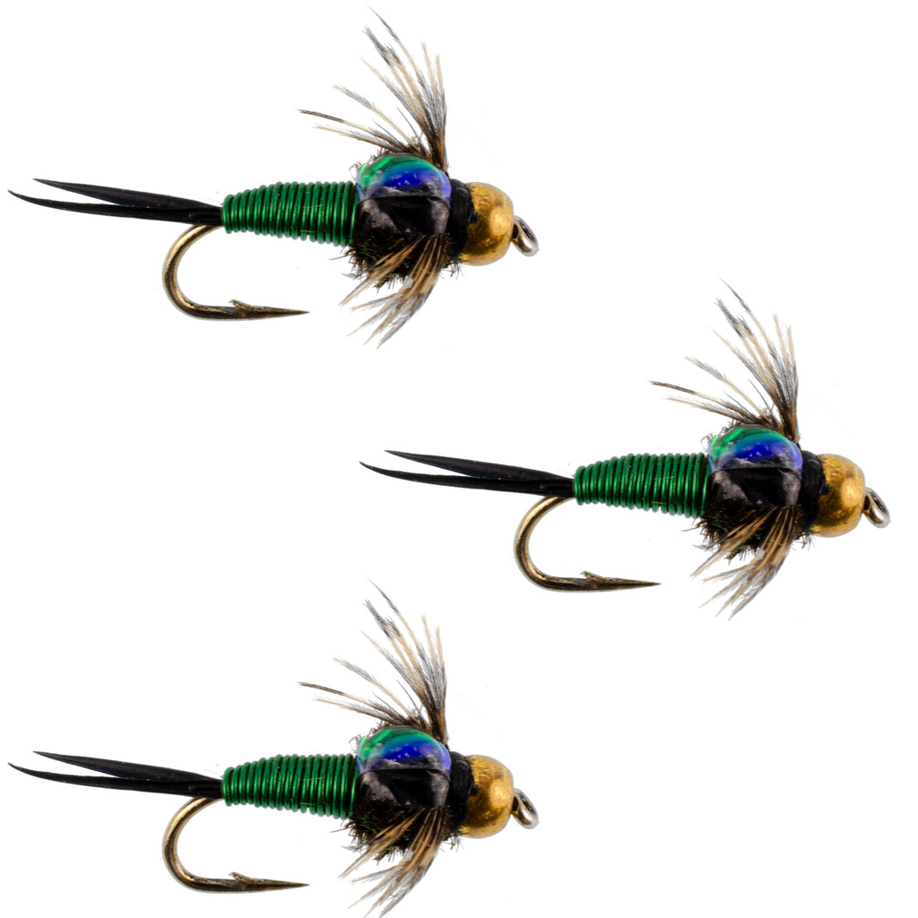 3 Pack Bead Head Green Copper John Nymph Flies – Hook Size 18