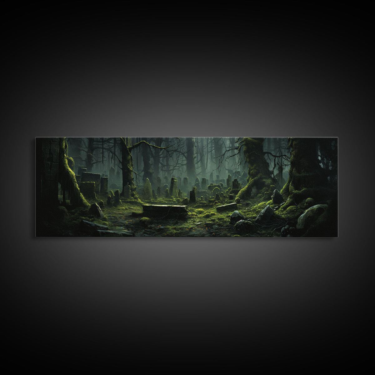 The Reclaimed Graveyard Panoramic Canvas Print – Spooky Halloween Decor by NuevArt