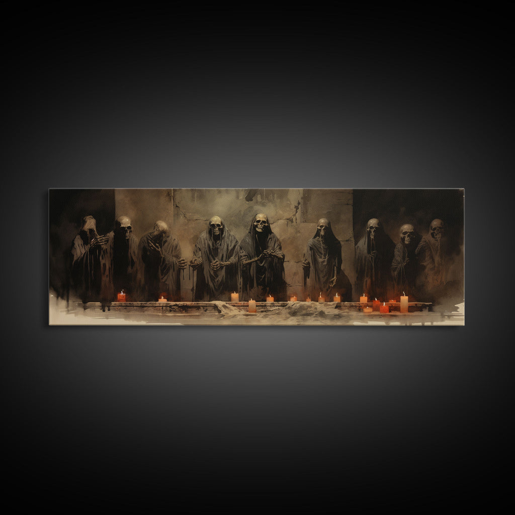 The Skeleton Cult Panoramic Canvas Print – Spooky Halloween Decor by NuevArt