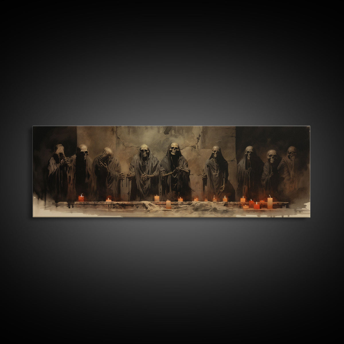 The Skeleton Cult Panoramic Canvas Print – Spooky Halloween Decor by NuevArt