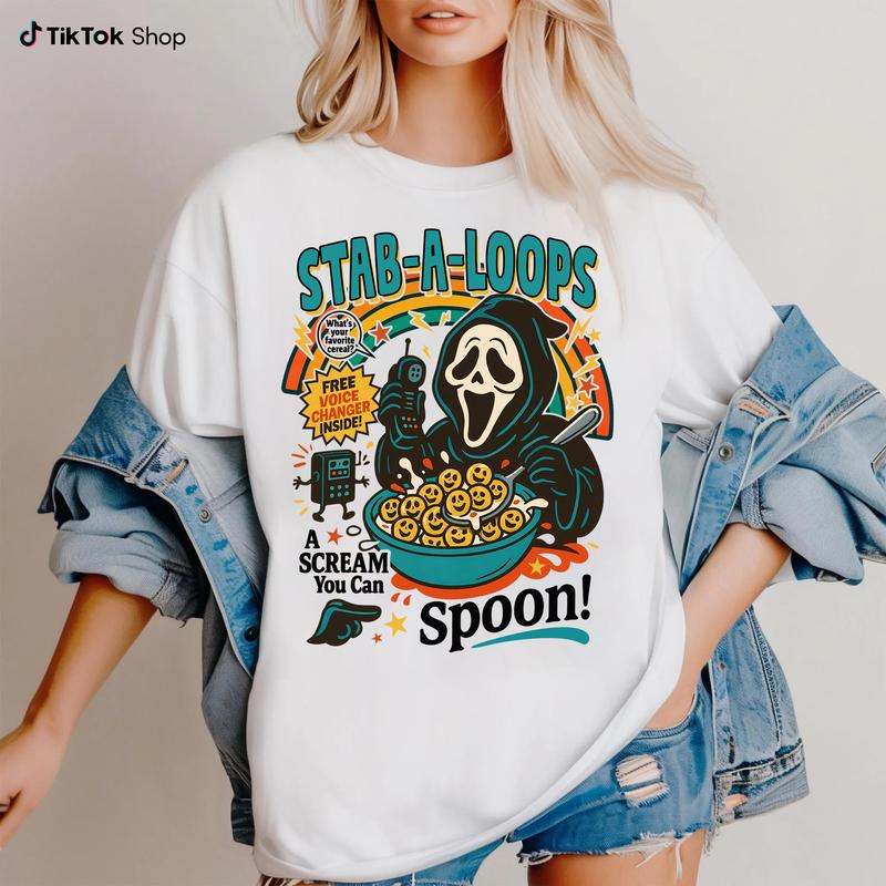 Funny Halloween Graphic T-Shirt – Retro Horror Cereal Tee, Spooky Movie Character Shirt