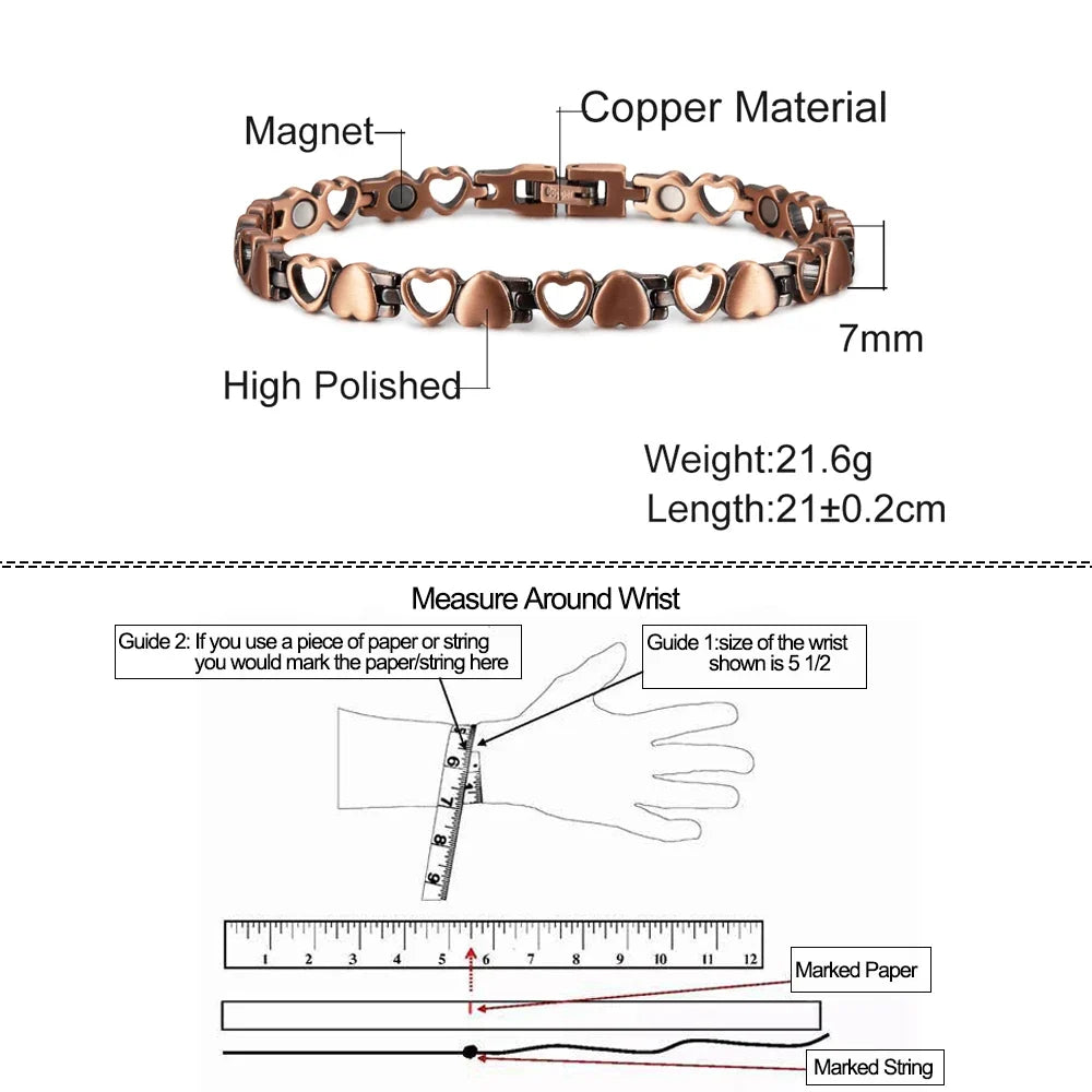 Magnetic Bracelet for Women Heart Pure Copper Energy Bracelet Healing Chain Link Vintage Magnetic Copper Bracelets Therapy Arthr