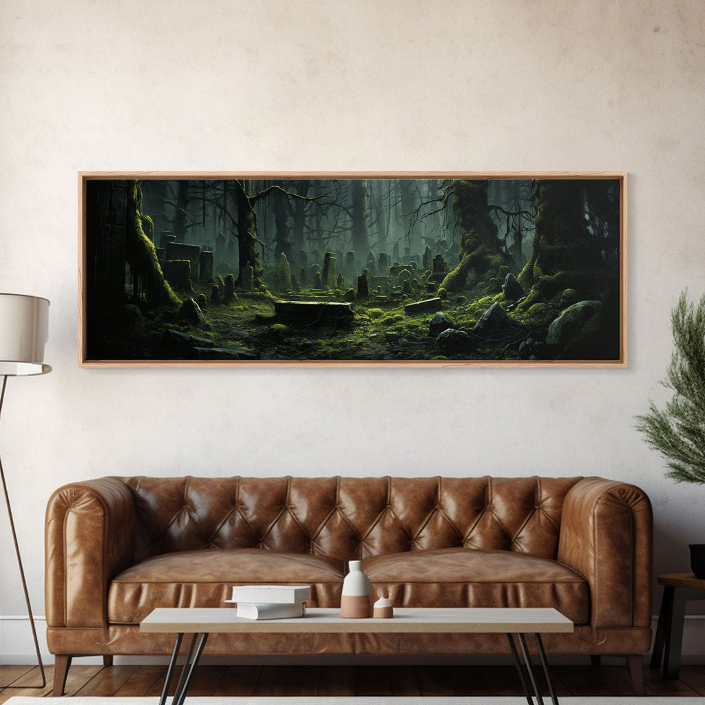 The Reclaimed Graveyard Panoramic Canvas Print – Spooky Halloween Decor by NuevArt
