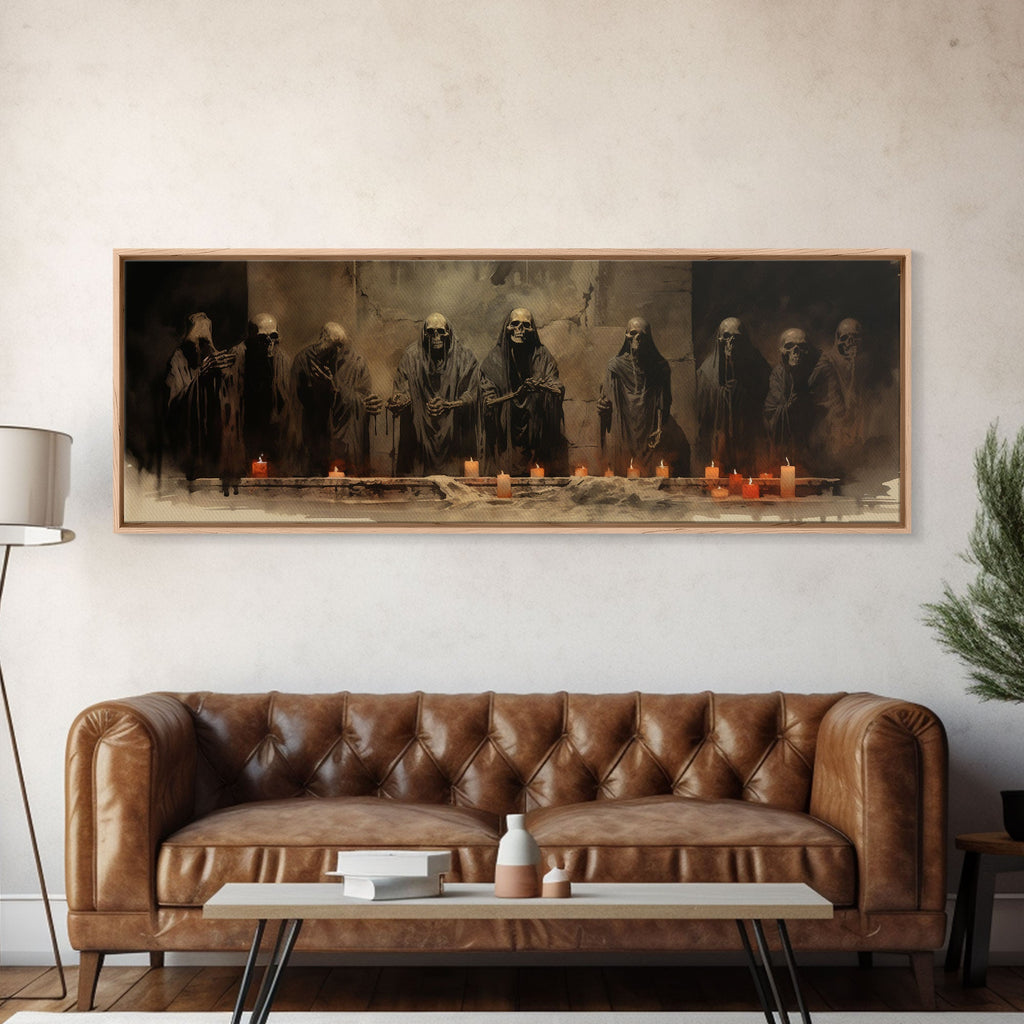 The Skeleton Cult Panoramic Canvas Print – Spooky Halloween Decor by NuevArt
