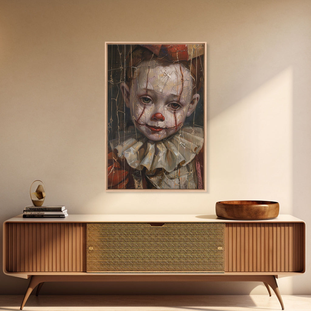 Haunting Clown Art Print – Cracked Face Horror Wall Decor by NuevArt