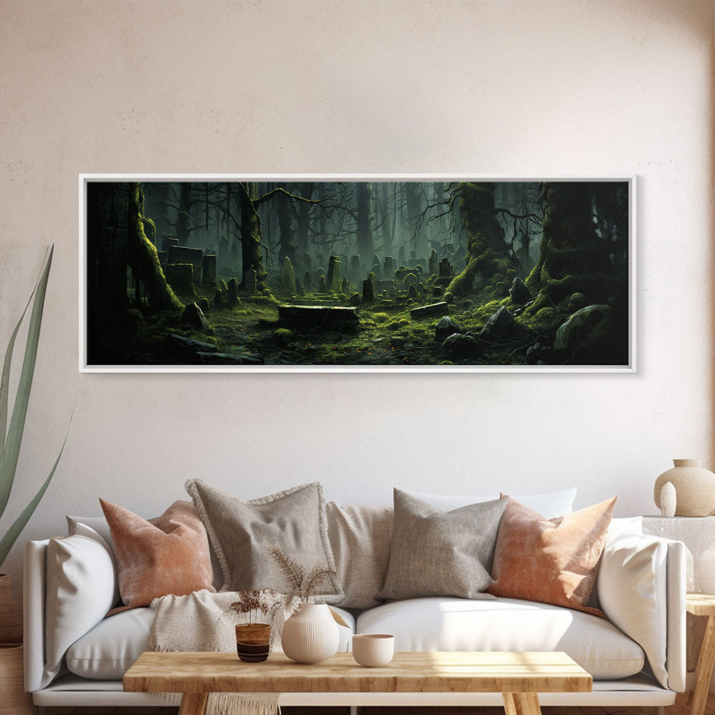 The Reclaimed Graveyard Panoramic Canvas Print – Spooky Halloween Decor by NuevArt