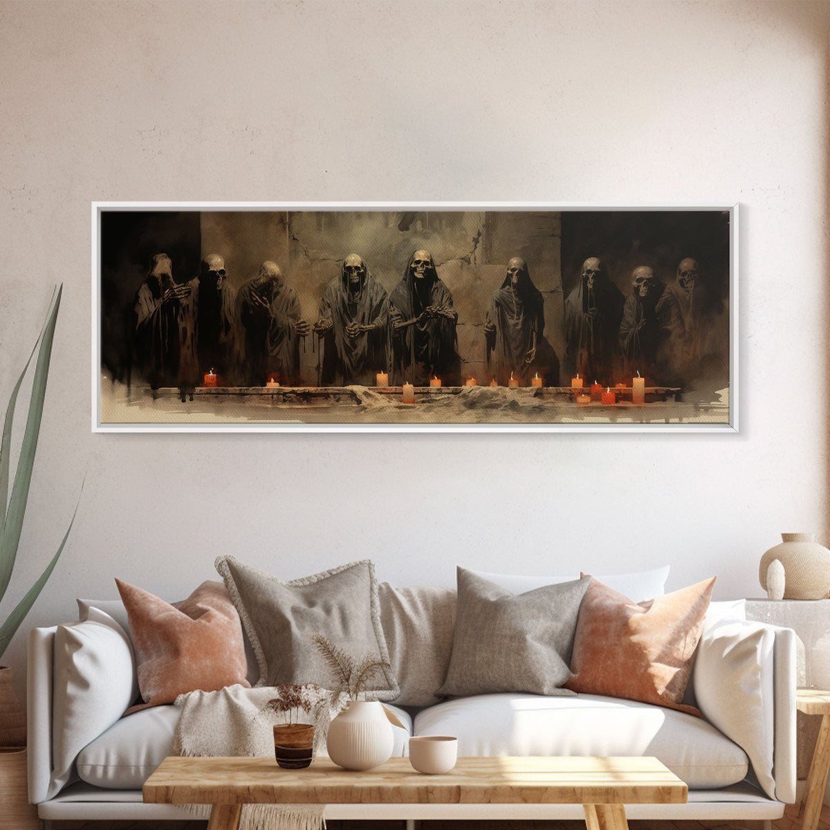 The Skeleton Cult Panoramic Canvas Print – Spooky Halloween Decor by NuevArt