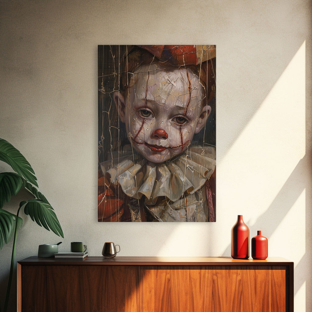 Haunting Clown Art Print – Cracked Face Horror Wall Decor by NuevArt