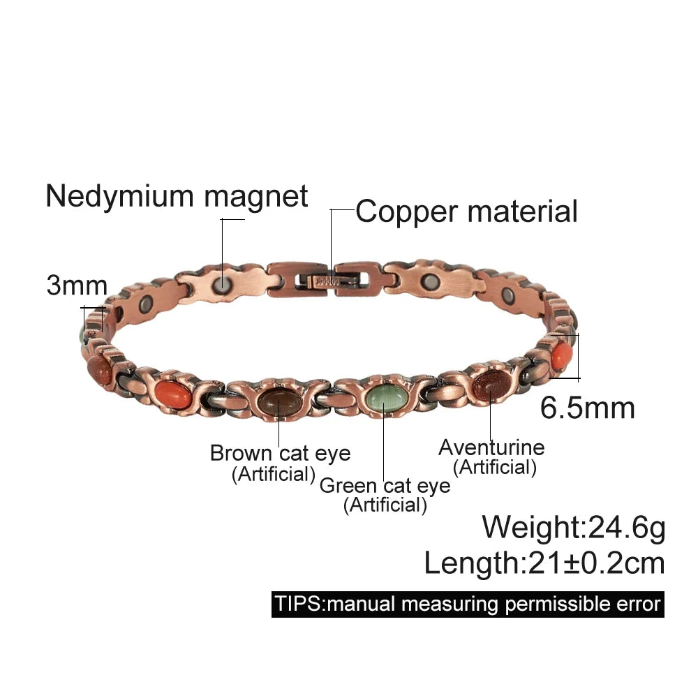 Vinterly Pure Copper Bracelet Magnetic Therapy 22cm Vintage Artificial Turquoise Benefits Chain Link Jewelry Blue Stones Magnets