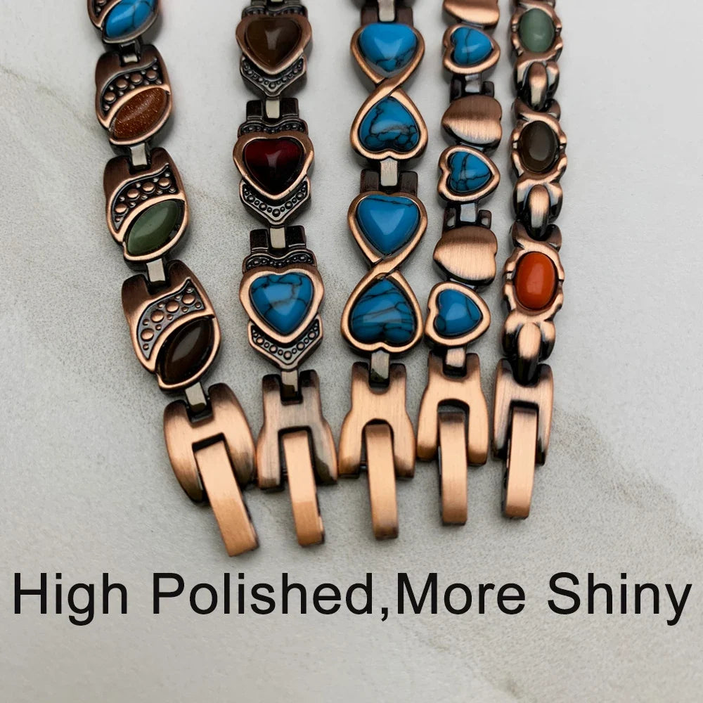 Vinterly Pure Copper Bracelet Magnetic Therapy 22cm Vintage Artificial Turquoise Benefits Chain Link Jewelry Blue Stones Magnets