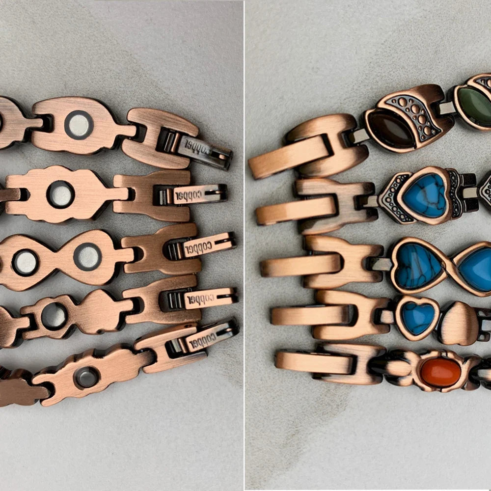 Vinterly Pure Copper Bracelet Magnetic Therapy 22cm Vintage Artificial Turquoise Benefits Chain Link Jewelry Blue Stones Magnets