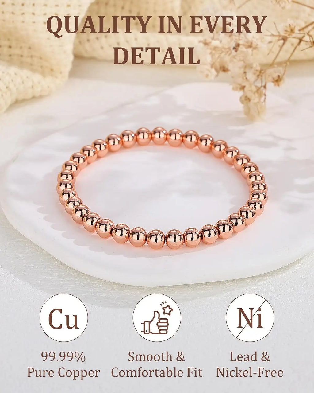 ARADOO Pure Copper Beaded Bracelet for Women Men Jewelry Gifts
