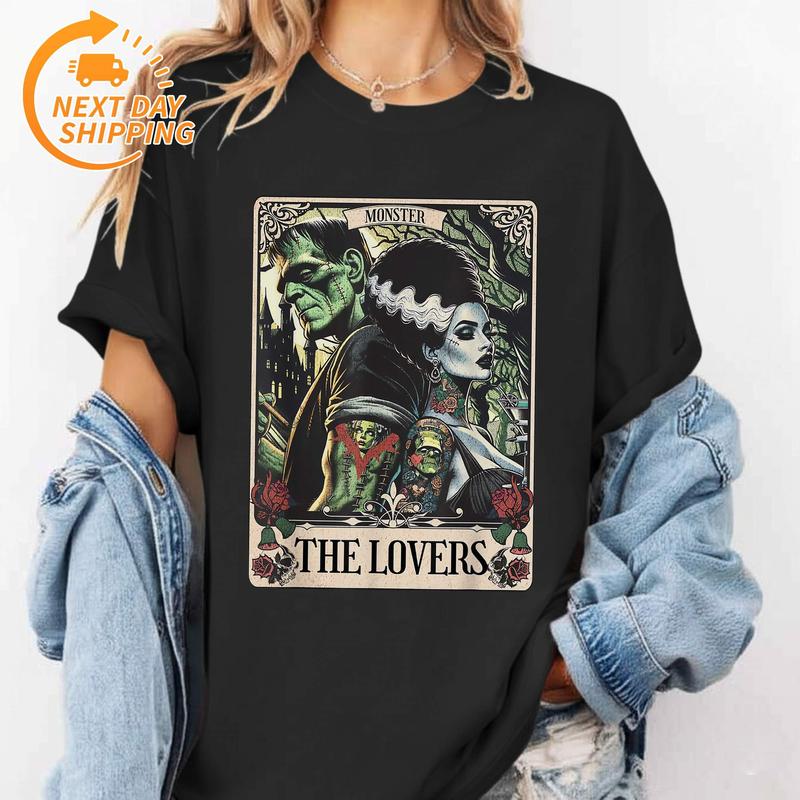 The Lovers Tarot Card T-Shirt – Gothic Monster-Inspired Graphic Tee, Vintage Horror Couple Shirt for Fans of Retro & Occult Style