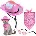 Aliceset 3 Pcs Pet Cowboy Costume Cat Cowboy Accessories Set Neon Sparkly Dog Cowboy Hat Paisley Bandanna Collar and Sunglasses LED Light up Western Small Cat Dog Cowgirl Costume(Pink Shiny Shiny)